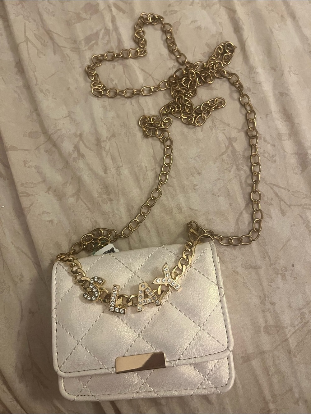 Cream Quilted Mini Crossbody with Gold Chain and Letter Charms